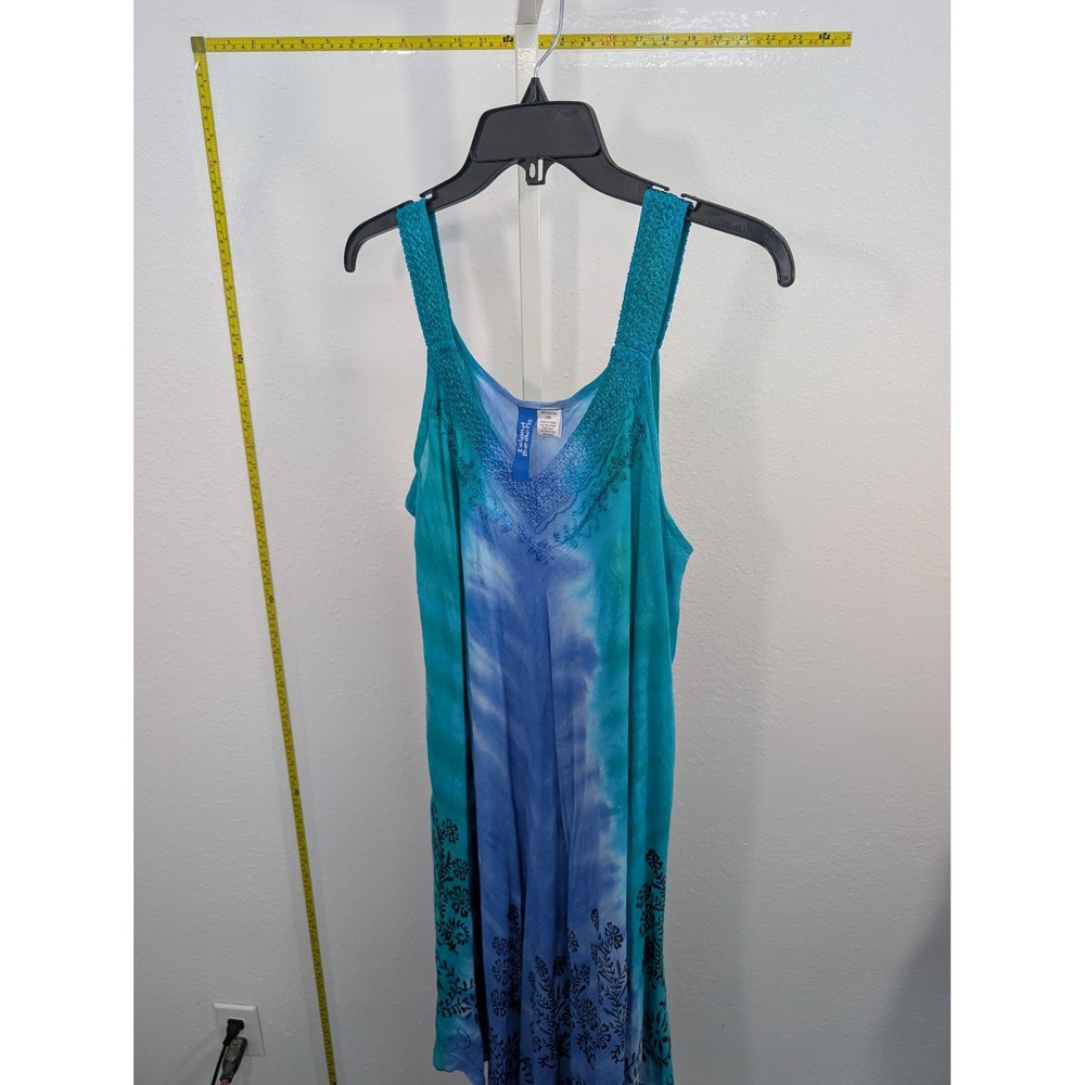 Island Beach Blue Tie Dye Embroidered Midi Dress Womens L/XL Crochet Straps Boho